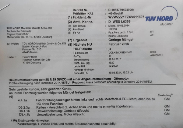 Volkswagen Eos cena 13800 przebieg: 194000, rok produkcji 2010 z Szamotuły małe 326